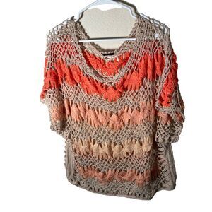 Venus Sweater Women's Large Open Knit Crochet Beige Pink Striped Summer
